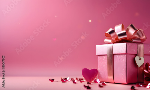 happy valentine day banner with gift box, hearts on pink background. 14 th February holiday sale coupon, festive discount flyer with empty copy space, advertising mockup photo