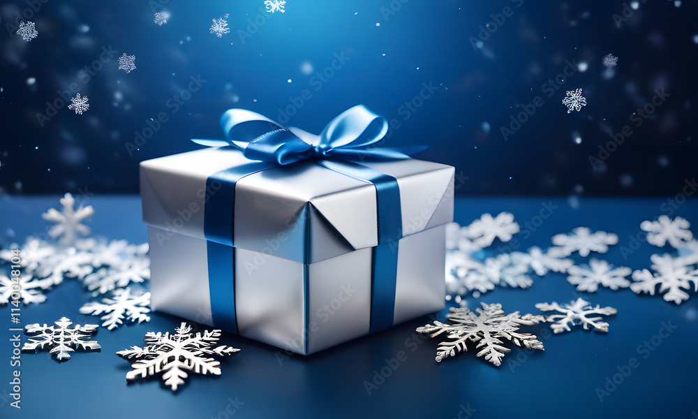 christmas sparkle background with silver gift box and fall snowflakes. winter festive banner, Happy New Year holiday sale coupon, festive discount flyer christmas sparkle background with silver gift box and fall snowflakes. winter festive banner, Happy New Year holiday sale coupon, festive discount flyer