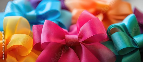 Vibrant decorative gift bows in assorted colors showcasing satin ribbons for festive occasions and celebrations photo