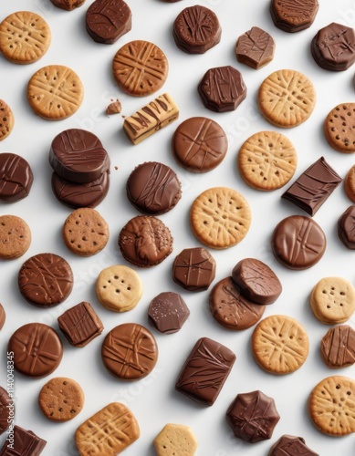 Assorted chocolates and biscuits, arranged on white background, confectionery, sweet, dark