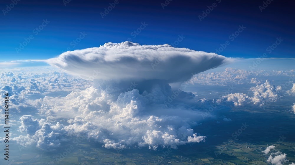 Obraz premium Majestic cloud formations under a vivid blue sky showcasing nature's grandeur and tranquility in an aerial perspective