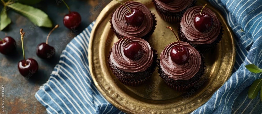 Homemade chocolate coffee cupcakes with dark cherry frosting garnished with cherries on a gold plate with a blue striped linen background Homemade chocolate coffee cupcakes with dark cherry frosting garnished with cherries on a gold plate with a blue striped linen background