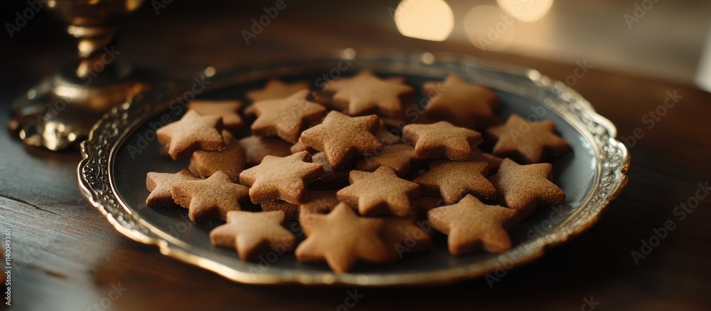 Fototapeta premium Cinnamon star cookies beautifully arranged on a vintage plate with a warm festive ambiance