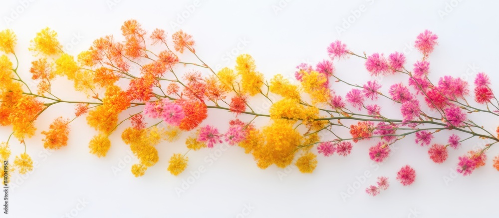 Vibrant mimosa flower arrangement in shades of yellow, orange, and pink on a soft white background for decorative and floral designs Vibrant mimosa flower arrangement in shades of yellow, orange, and pink on a soft white background for decorative and floral designs