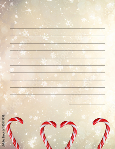 Christmas letter to Santa template with candy cane lollipop and snowflakes, printable To Do List, organizer or planner. Note paper for invitation or greeting card. Lined shiny glowing background. photo