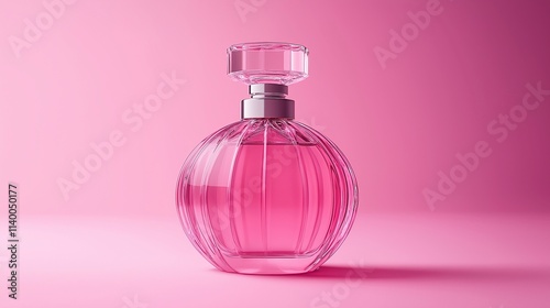 A delicate perfume bottle on a minimalistic pink background