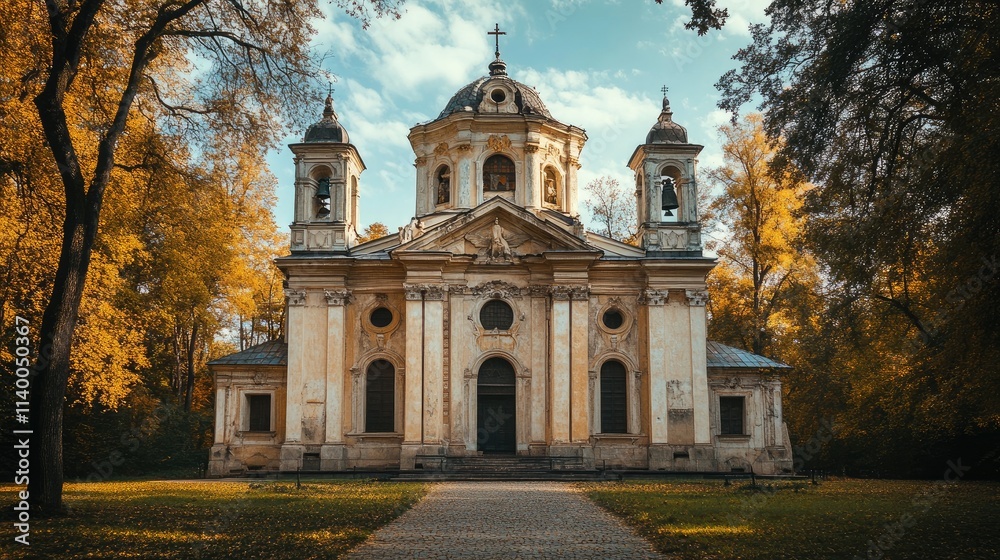 Fototapeta premium 17th century classical church surrounded by autumn foliage highlighting architectural beauty and historical significance