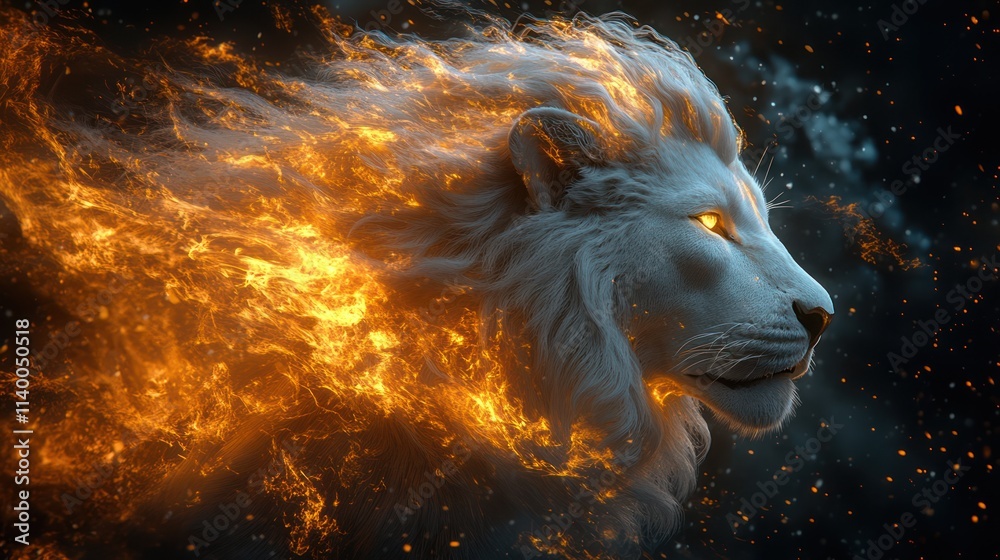 Fiery white lion head profile, flames engulfing mane, cosmic background. Fiery white lion head profile, flames engulfing mane, cosmic background.