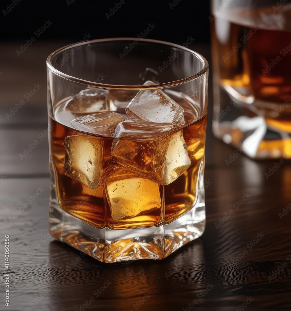 Amber whiskey, ice cubes melt in glass on dark wood , scotch, table Amber whiskey, ice cubes melt in glass on dark wood , scotch, table