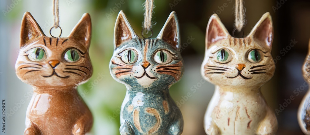 Fototapeta premium Handmade ceramic cat figurines featuring colorful designs, perfect for home decor or artistic display.