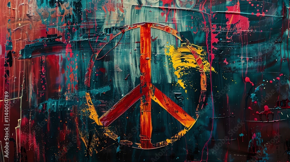 Naklejka premium A peace symbol painted on a colorful, abstract background.
