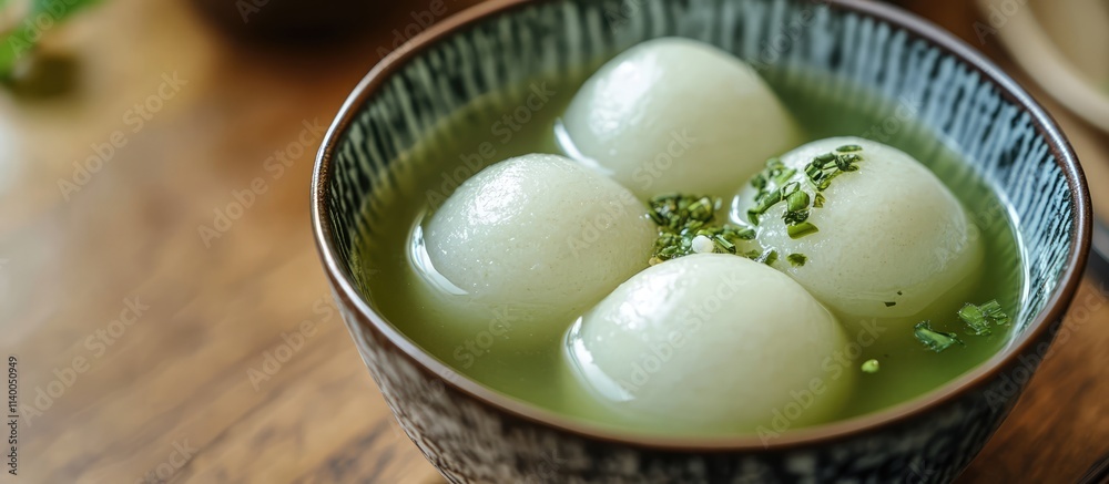 Fototapeta premium Close up of tangyuan filled with matcha served in sweet matcha soup in a decorative bowl on a rustic wooden table for festive celebration