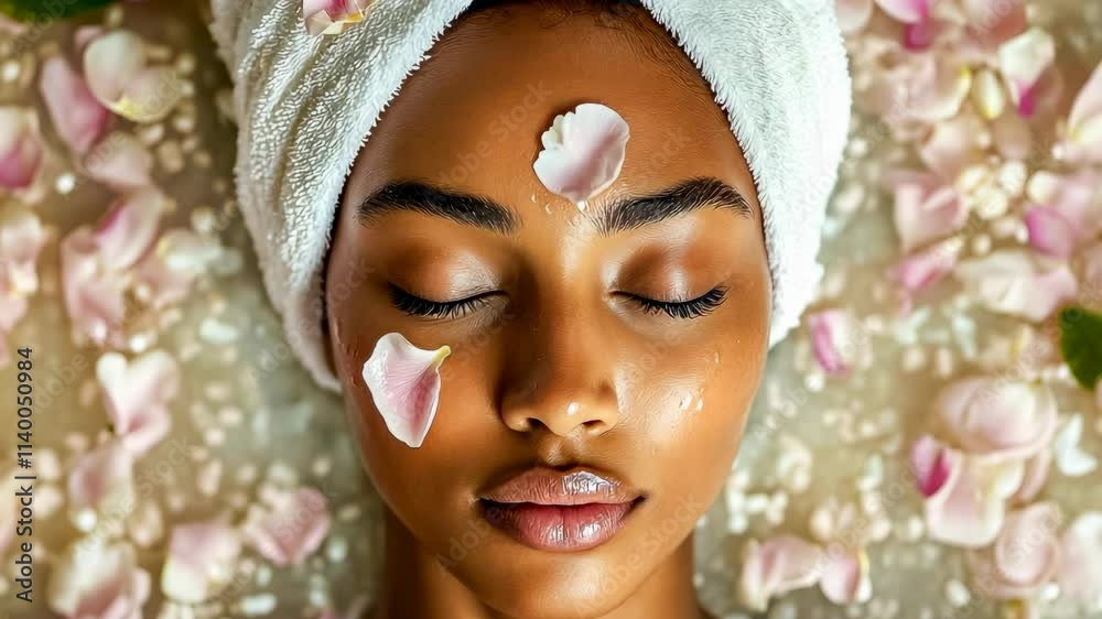 A young woman relaxes with her eyes closed, adorned with rose petals and a serene expression, showcasing a tranquil spa day. Soft lighting adds to the calm atmosphere. The scene captures a luxurious