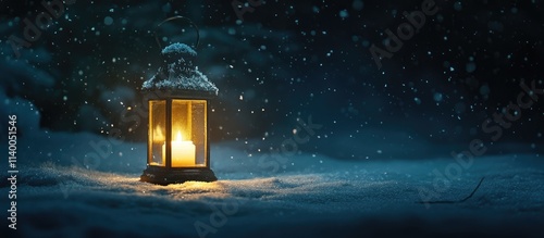 Candlelit lantern illuminating the snow in a tranquil nighttime winter scene with falling snowflakes and a serene ambiance photo