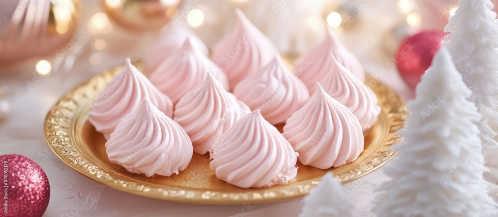 Delicate pink meringues elegantly displayed on a golden plate with festive decorations and white Christmas trees in a cozy setting Delicate pink meringues elegantly displayed on a golden plate with festive decorations and white Christmas trees in a cozy setting