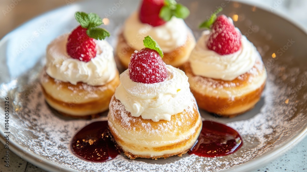 Delicious cream-filled donuts topped with fresh raspberries and mint on an elegant plate for a delightful dessert presentation Delicious cream-filled donuts topped with fresh raspberries and mint on an elegant plate for a delightful dessert presentation