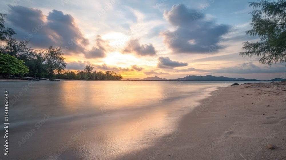 Obraz premium Serene beach sunset with long exposure capturing dynamic clouds and water movement over soft sandy shore and distant mountains.