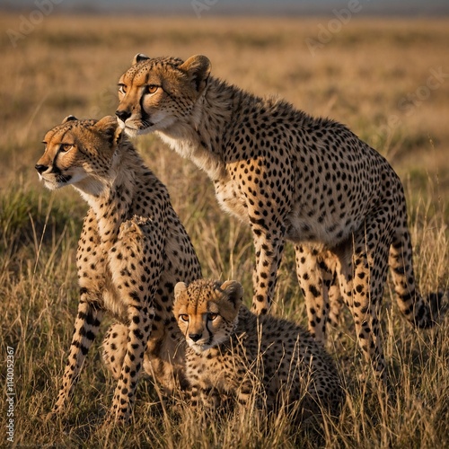 A cheetah mother and her cubs playing in the grasslands.

