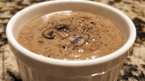 Creamy mushroom soup served in a white bowl showcasing texture and flavor on a rustic kitchen countertop