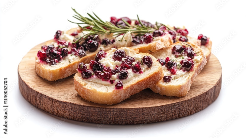 Cranberry cream cheese bread slices arranged on a wooden plate garnished with rosemary on a white background Cranberry cream cheese bread slices arranged on a wooden plate garnished with rosemary on a white background