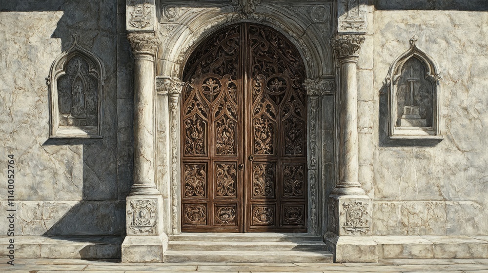 Obraz premium Antique church doorway featuring intricate wooden carvings and ornate stonework in a historic architectural setting
