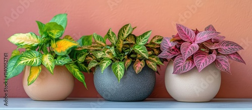 Vibrant Coleus plants in decorative pots against a warm background showcasing their lush foliage and variety in color and texture