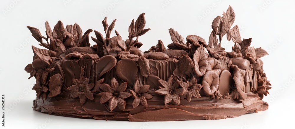 Fototapeta premium Exquisite chocolate cake adorned with intricate floral and leaf designs showcasing elegance and gourmet artistry in dessert presentation.