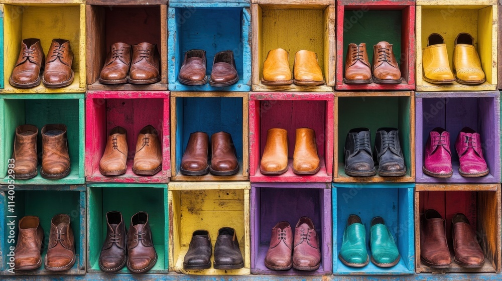 Vibrant Display of Various Shoes in Colorful Wooden Boxes Vibrant Display of Various Shoes in Colorful Wooden Boxes