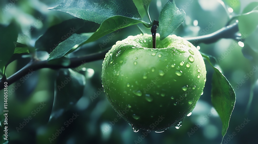 A fresh green apple with water droplets A fresh green apple with water droplets