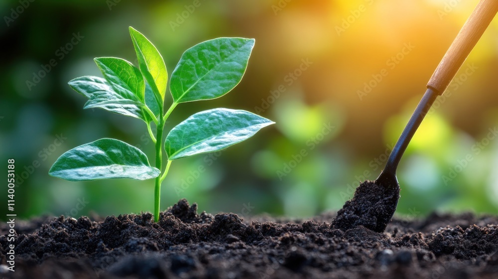 Young plant seedling growing in soil with gardening tool.