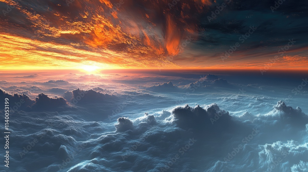 Fototapeta premium Dramatic sunset over cloudscape with vibrant colors and dynamic sky atmosphere for background or landscape design use