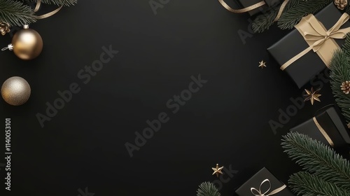 Christmas Background Elegant Holiday Celebration with Gold Decorations and Gift Boxes on a Black Background
