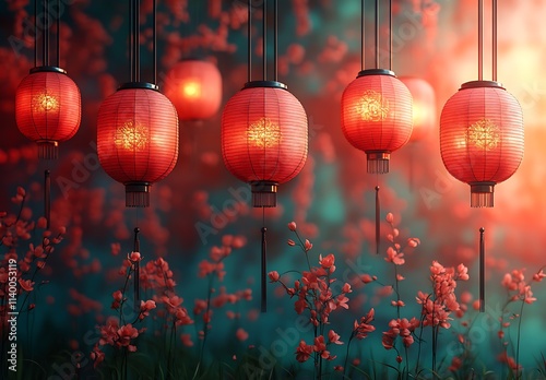 Group of Red Lanterns for Chinese New Year Decoration