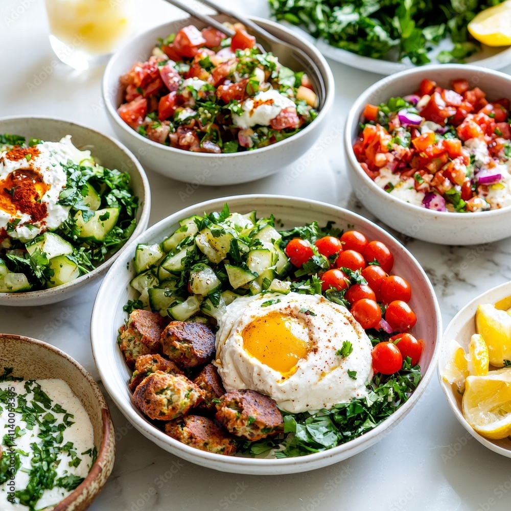 Mediterranean Bowl with Fried Fritters, Labneh, and Fresh Herbs. Mediterranean Bowl with Fried Fritters, Labneh, and Fresh Herbs.