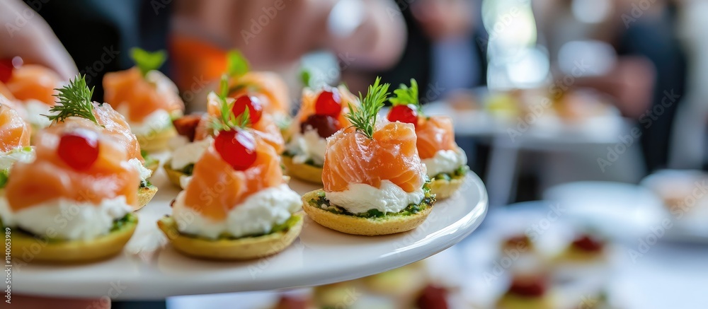 Elegant salmon and cream cheese canapes garnished with herbs on a serving platter at a sophisticated event or gathering. Elegant salmon and cream cheese canapes garnished with herbs on a serving platter at a sophisticated event or gathering.