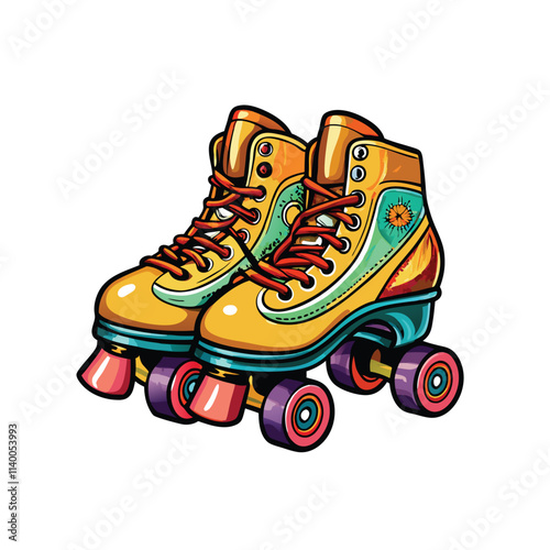 Vibrant, retro-style roller skates;  bold colors, vintage aesthetic, detailed wheels,  worn leather texture.