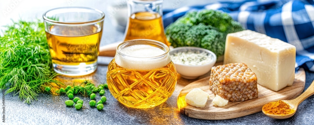 Beer, Cheese, and Healthy Ingredients on Rustic Table Beer, Cheese, and Healthy Ingredients on Rustic Table