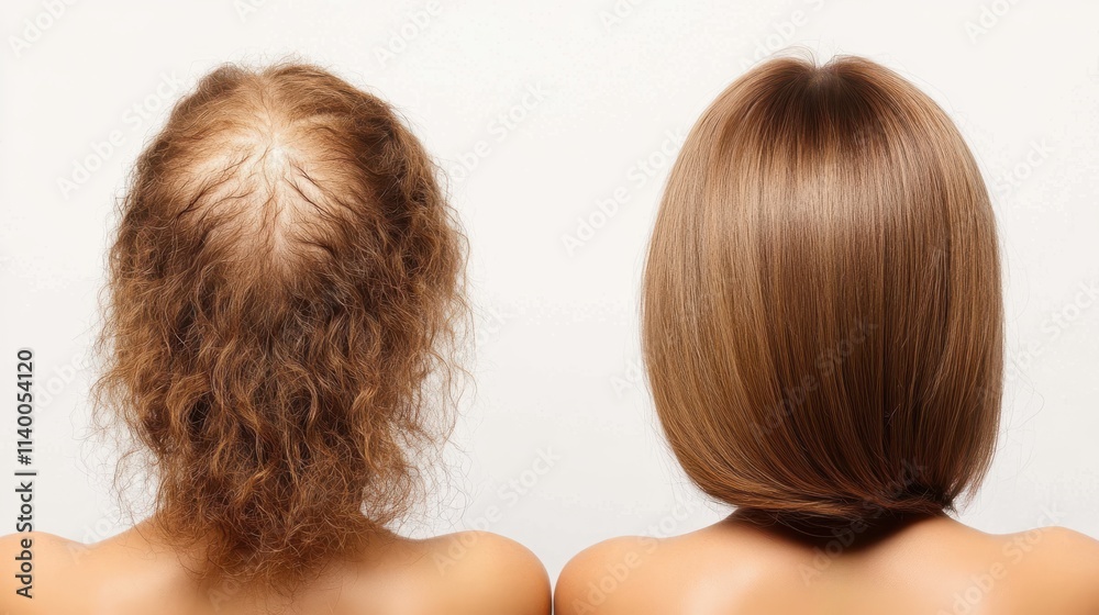 The image contrasts hair loss with a full, healthy hairstyle, highlighting the transformation and impact of hair restoration. The image contrasts hair loss with a full, healthy hairstyle, highlighting the transformation and impact of hair restoration.