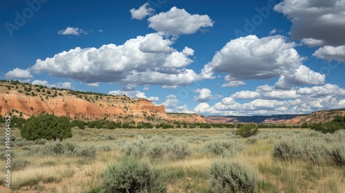 Canyon Landscape under Blue Sky with Fluffy White Clouds and Vibrant Green Vegetation in the Desert Wilderness