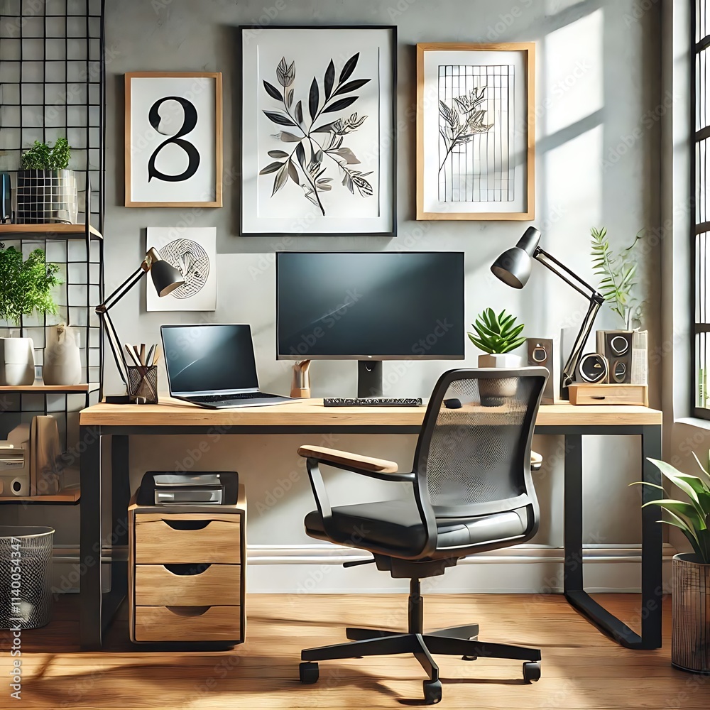 Fototapeta premium Stylish Home Office with Modern Tech Setup 