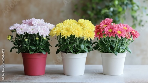 Colorful potted chrysanthemums in pink yellow and white showcasing vibrant blooms against a neutral background