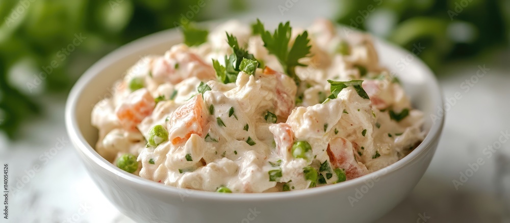 Fresh and creamy chicken salad with herbs and vegetables in a bowl garnished with parsley on a rustic background. Fresh and creamy chicken salad with herbs and vegetables in a bowl garnished with parsley on a rustic background.