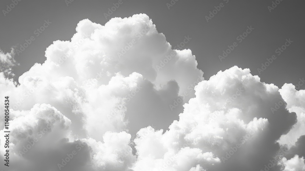 Majestic billowing clouds silhouetted against a clear skyline creating a serene and tranquil atmosphere in black and white. Majestic billowing clouds silhouetted against a clear skyline creating a serene and tranquil atmosphere in black and white.
