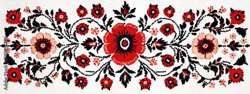 An intricate Eastern Slavic embroidered panel featuring folkloric symbols and floral elements in rich red and gold on white