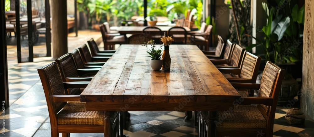 Fototapeta premium Elegant wooden dining table with cozy chairs in a lush, green indoor setting creating a warm and inviting atmosphere for gatherings