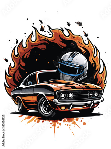 A vintage muscle car, adorned with fiery flames, sits beside a classic racing helmet.  The scene evokes speed and nostalgia. photo