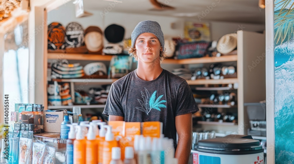 A young man stands behind a shop counter filled with products and hats. A young man stands behind a shop counter filled with products and hats.