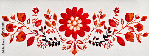 An intricate Eastern Slavic embroidered panel featuring folkloric symbols and floral elements in rich red and gold on white