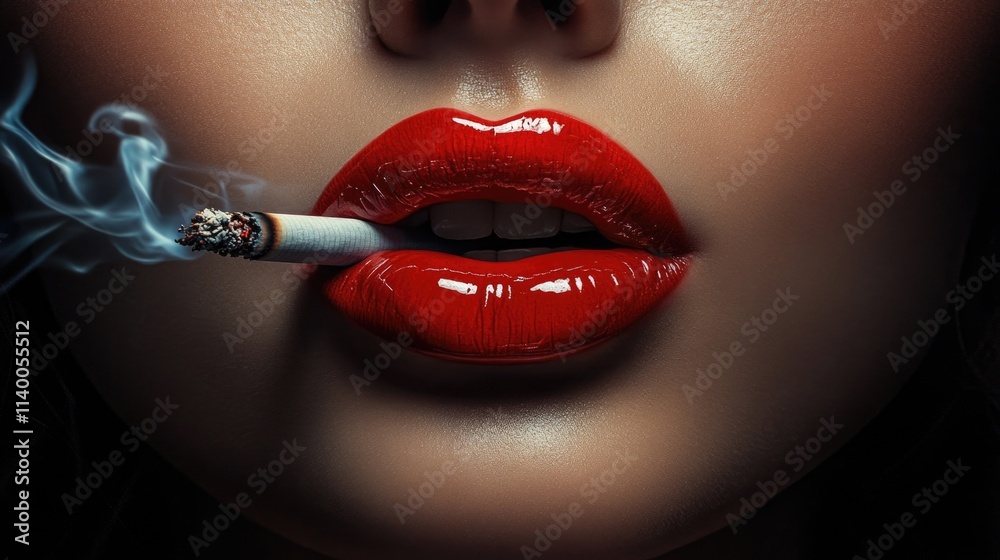 Obraz premium Close-up of woman's lips with red lipstick and cigarette smoke