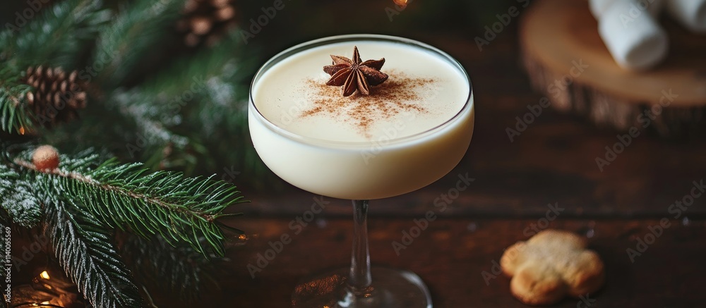 Festive eggnog in a glass garnished with spices surrounded by spruce branches and Christmas cookies on a rustic wooden table Festive eggnog in a glass garnished with spices surrounded by spruce branches and Christmas cookies on a rustic wooden table